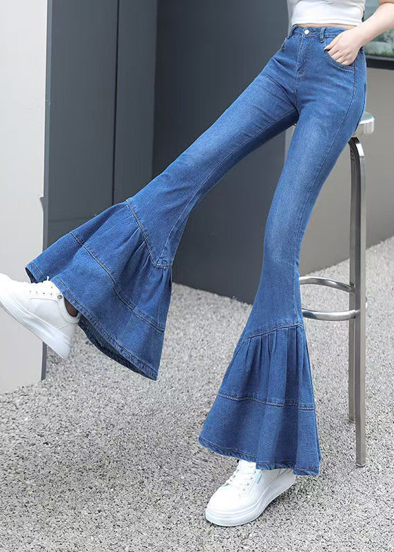 Silm Fit Blue Wrinkled Denim Bell-bottom Trousers Fall