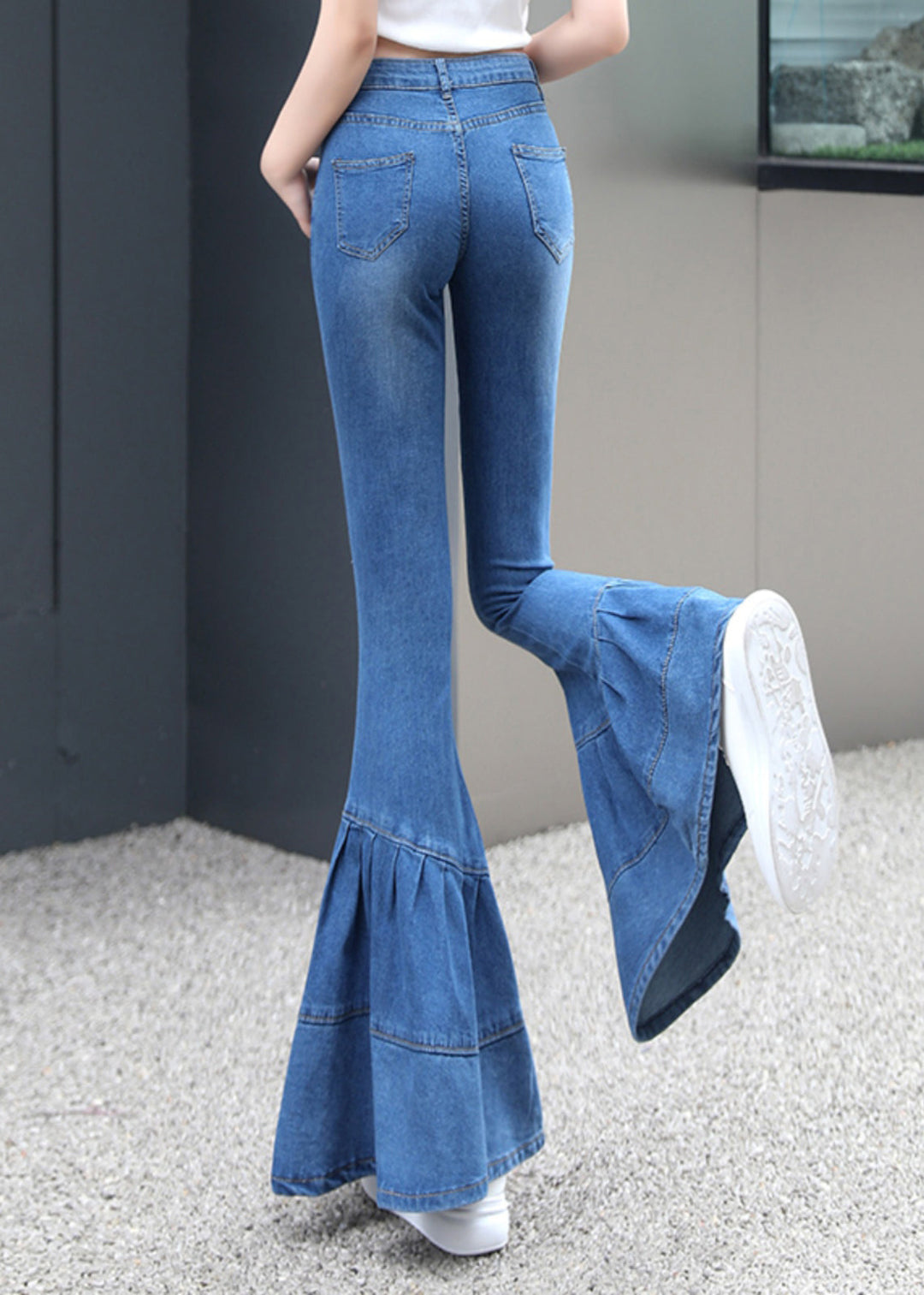 Silm Fit Blue Wrinkled Denim Bell-bottom Trousers Fall