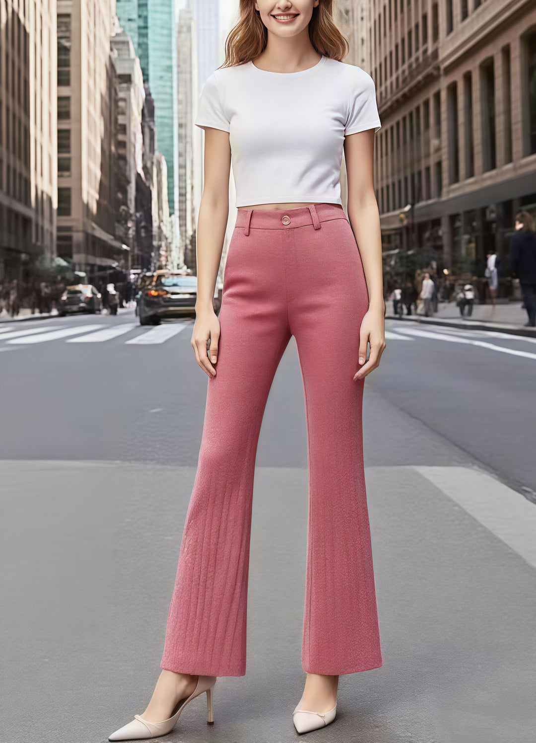 Silm Fit Brick Red High Waist Cotton Flared Pants Fall