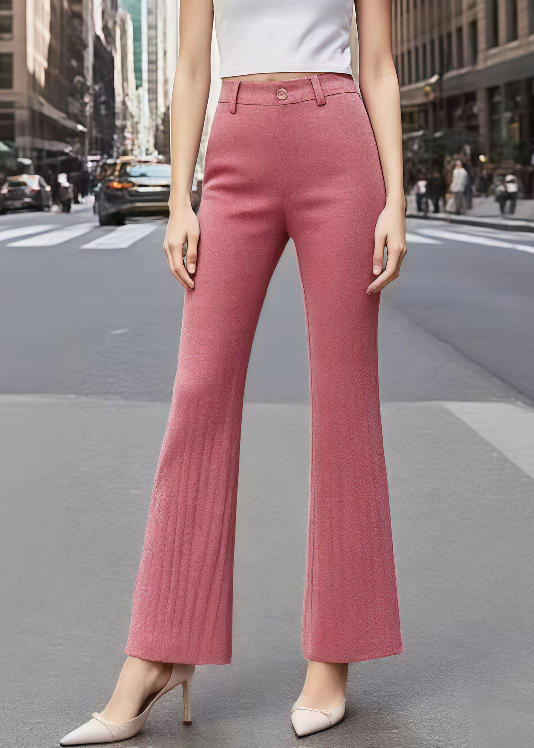 Silm Fit Brick Red High Waist Cotton Flared Pants Fall