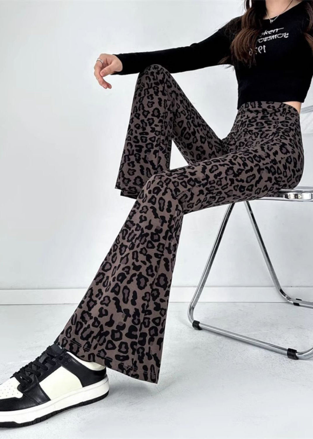 Silm Fit Brown Leopard Print Tummy Control Flared Trousers Fall