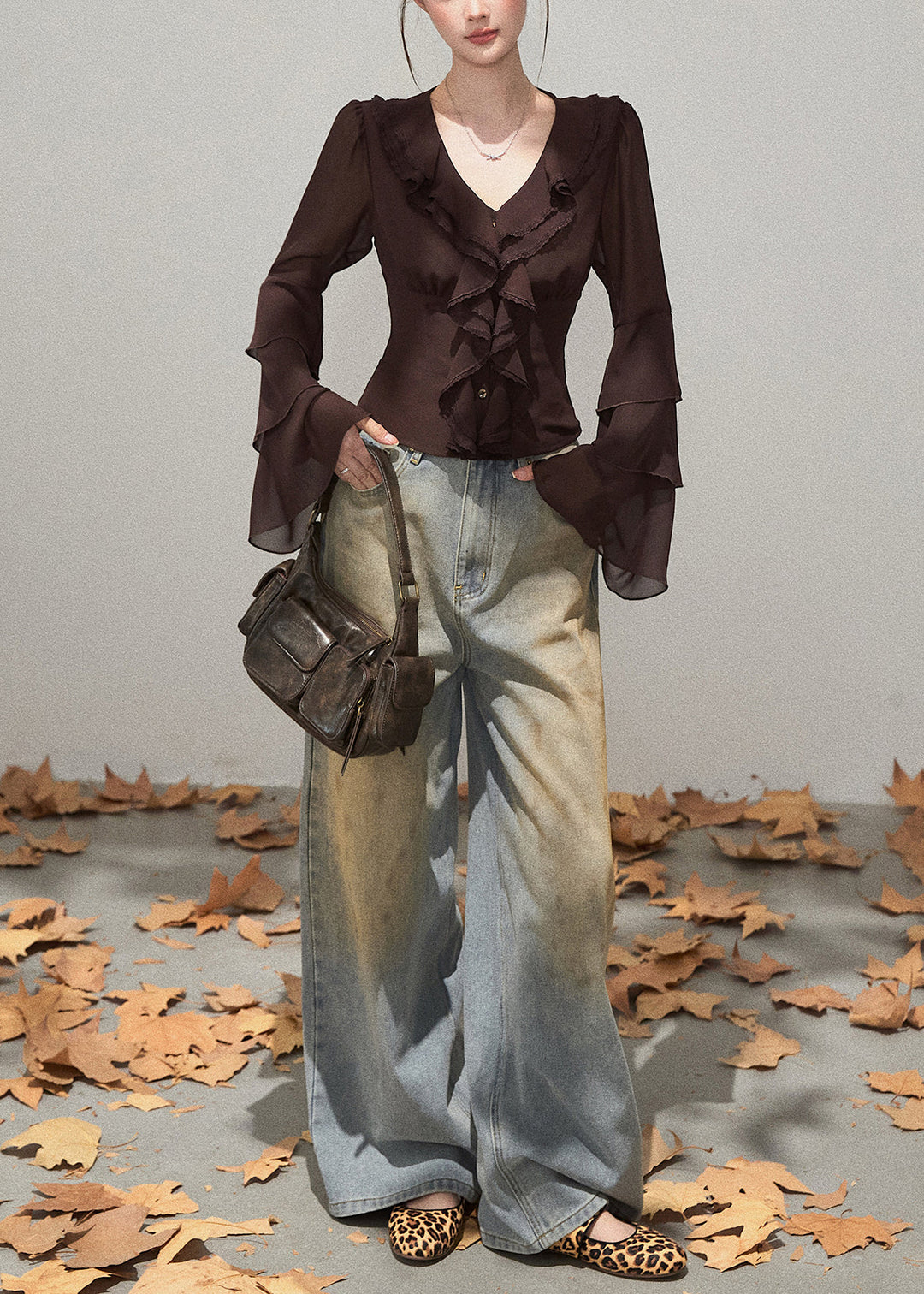 Silm Fit Brown Ruffled Chiffon Shirts Fall