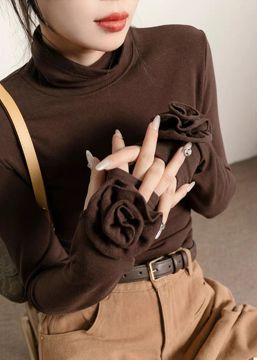 Silm Fit Brown Turtle Neck Flower Decorated Cotton Shirt Fall