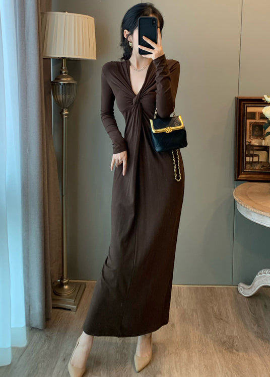 Silm Fit Chocolate V Neck Wrinkled Cotton Straight Dress Fall