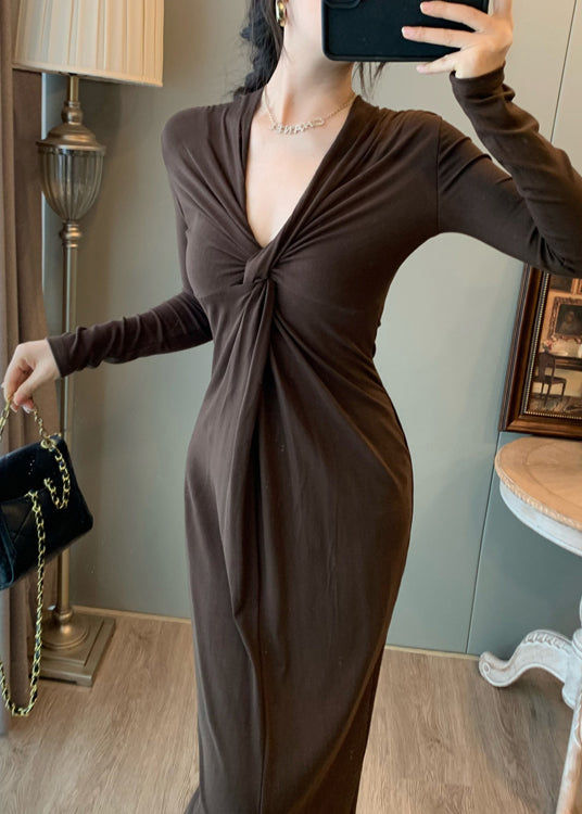 Silm Fit Chocolate V Neck Wrinkled Cotton Straight Dress Fall