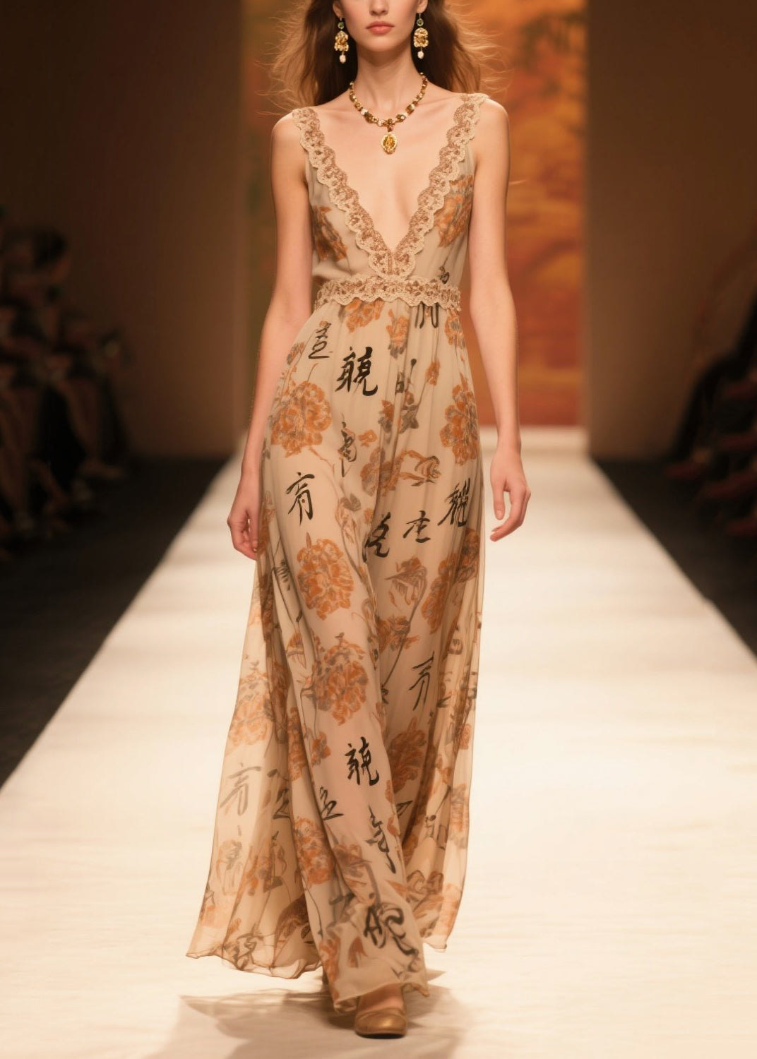 Silm Fit Coffee V Neck Print Chiffon Party Dresses Summer