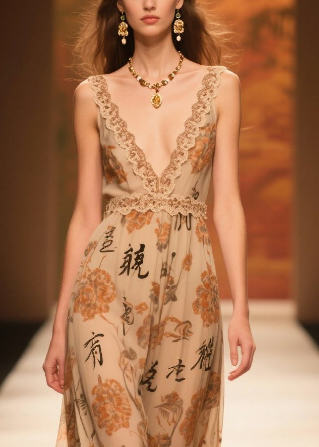 Silm Fit Coffee V Neck Print Chiffon Party Dresses Summer
