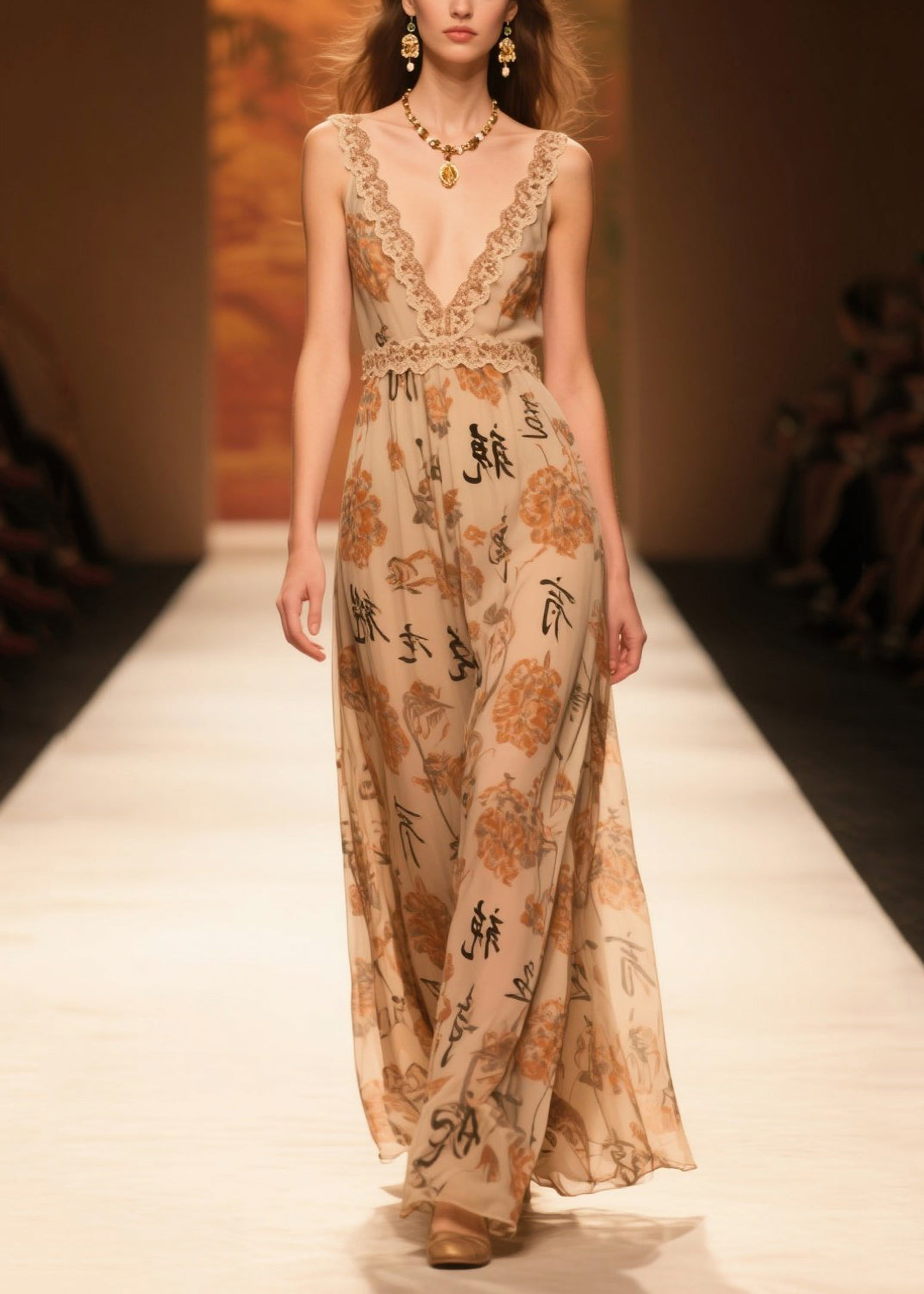 Silm Fit Coffee V Neck Print Chiffon Party Dresses Summer