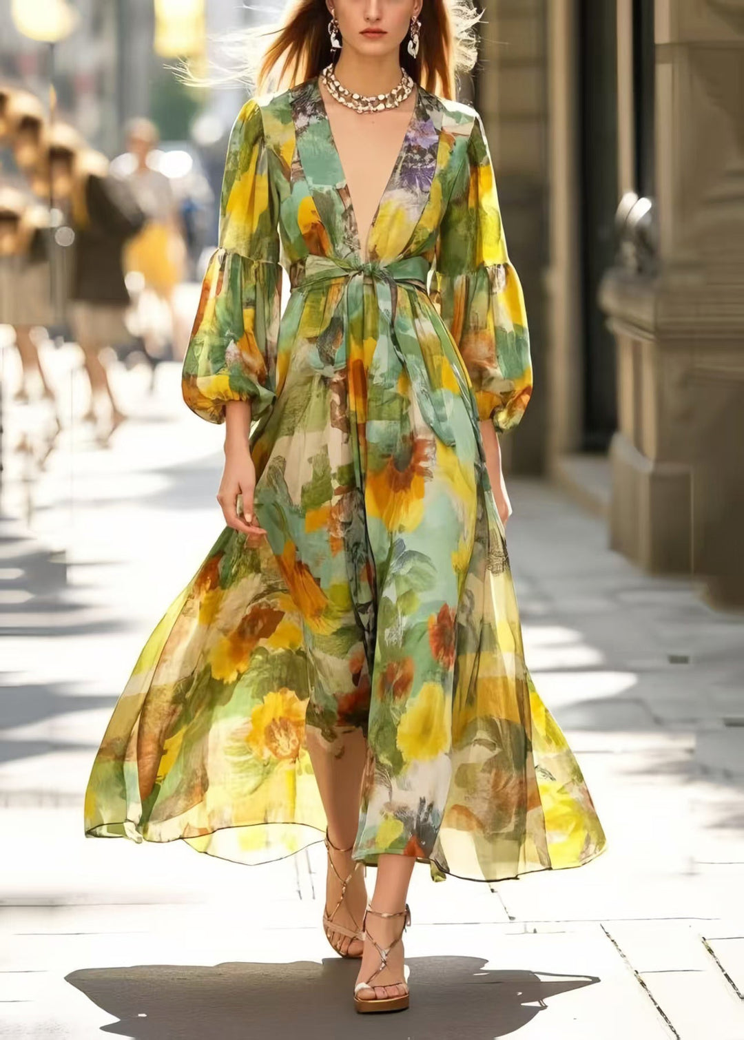 Silm Fit Grass Green V Neck Print Cotton Maxi Dresses Spring