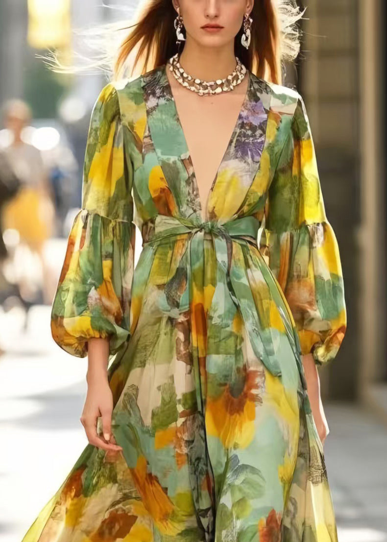 Silm Fit Grass Green V Neck Print Cotton Maxi Dresses Spring