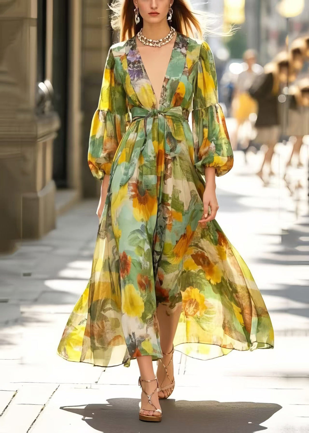Silm Fit Grass Green V Neck Print Cotton Maxi Dresses Spring