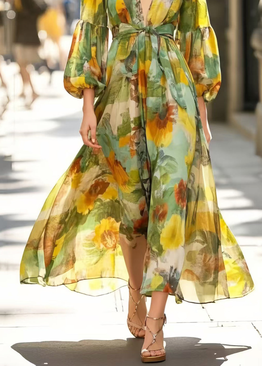 Silm Fit Grass Green V Neck Print Cotton Maxi Dresses Spring