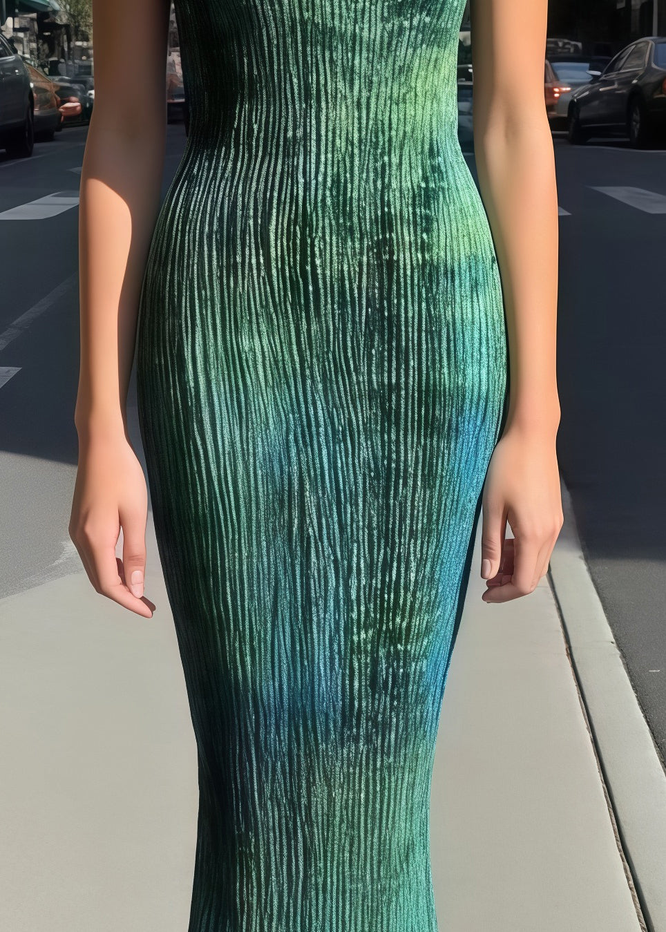 Silm Fit Green Tie Dye Wrinkled Silk Party Dresses Sleeveless
