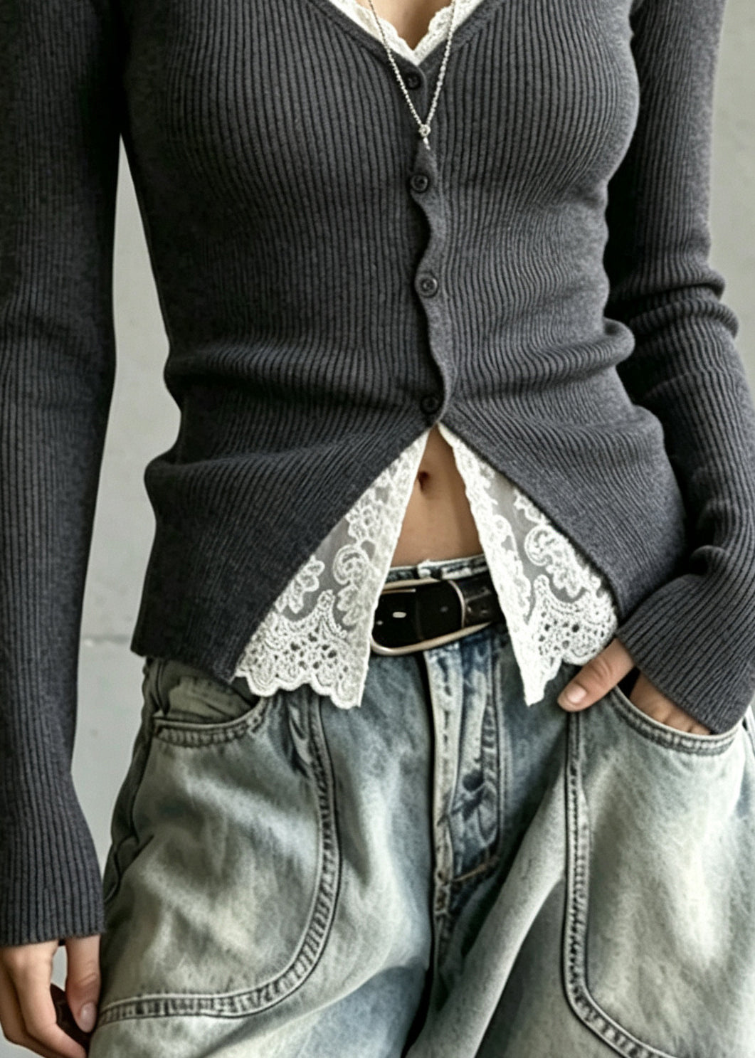 Silm Fit Grey V Neck Lace Patchwork Knit Cardigans Fall