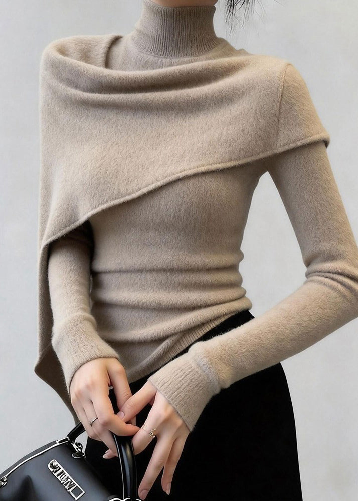 Silm Fit Khaki High Neck Shawl Knit Sweaters Spring