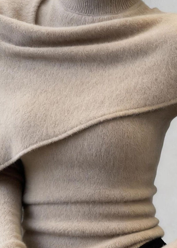 Silm Fit Khaki High Neck Shawl Knit Sweaters Spring