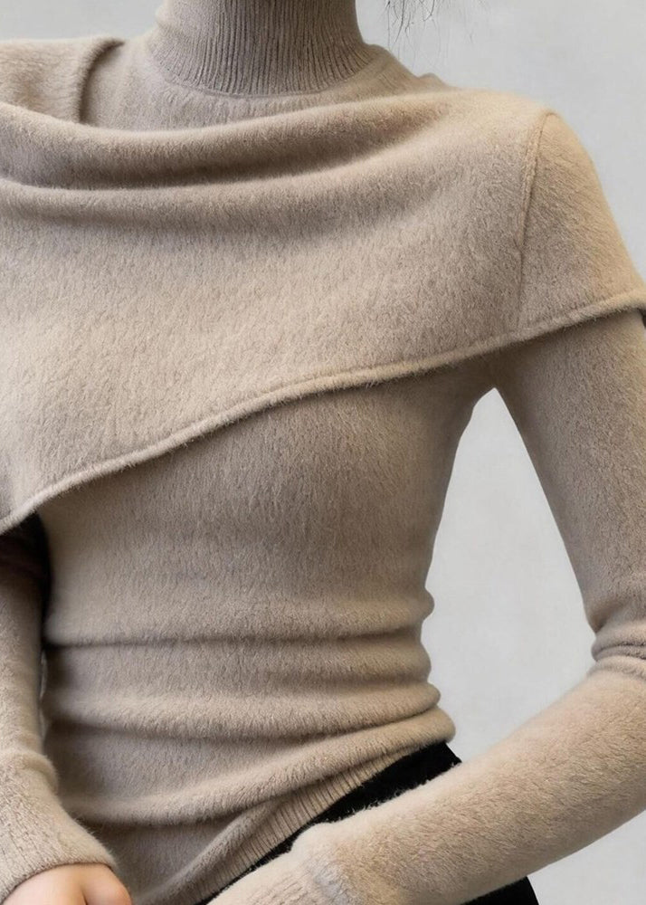 Silm Fit Khaki High Neck Shawl Knit Sweaters Spring