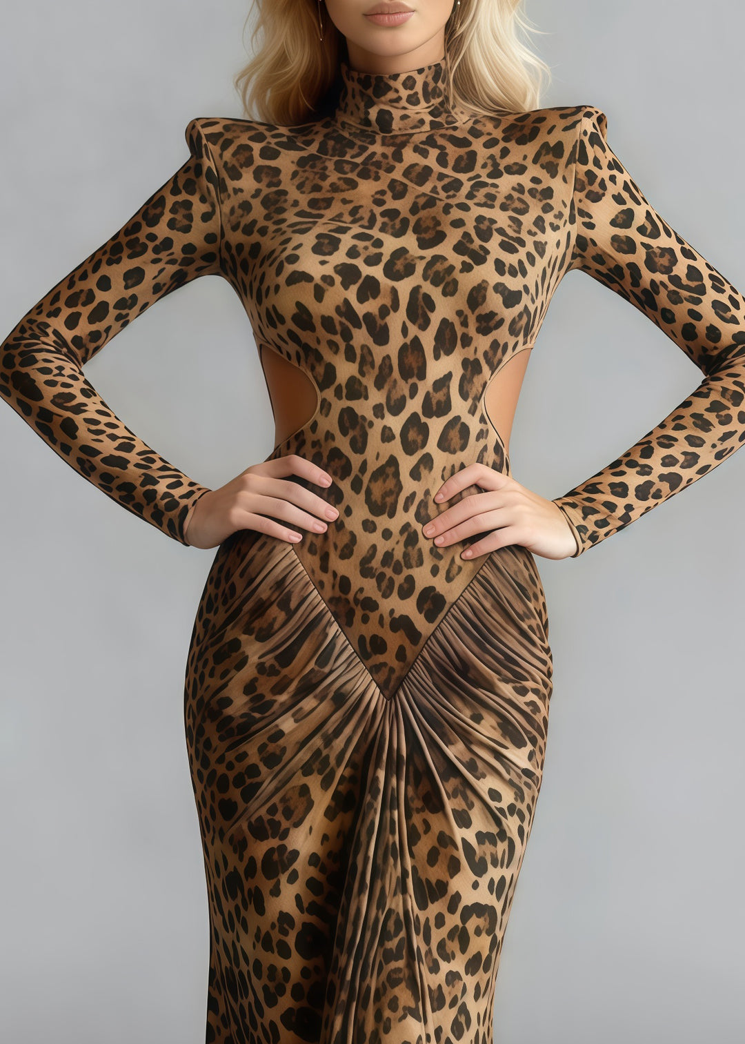 Silm Fit Leopard Print Backless Wrinkled Cotton Party Dress Spring