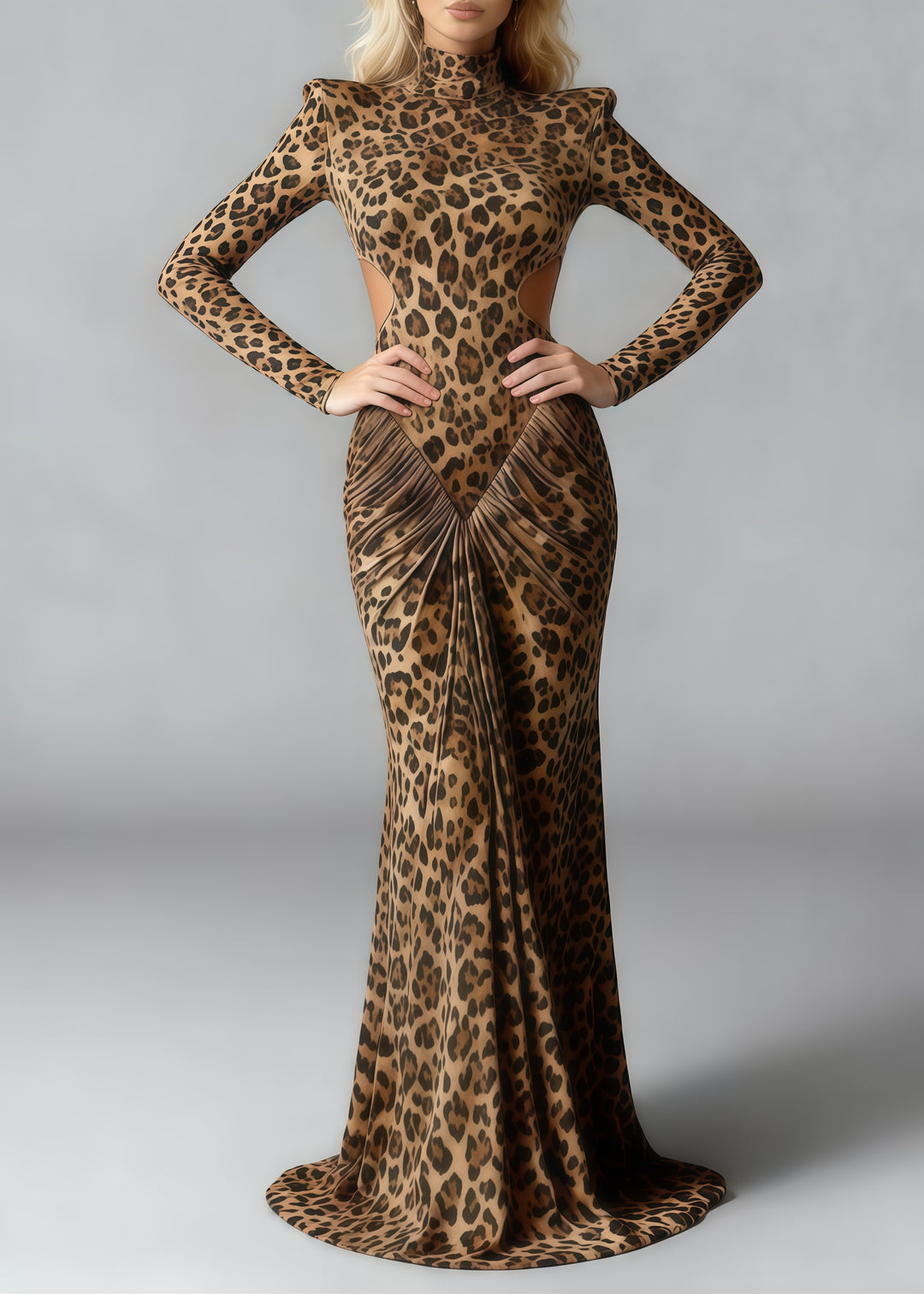 Silm Fit Leopard Print Backless Wrinkled Cotton Party Dress Spring