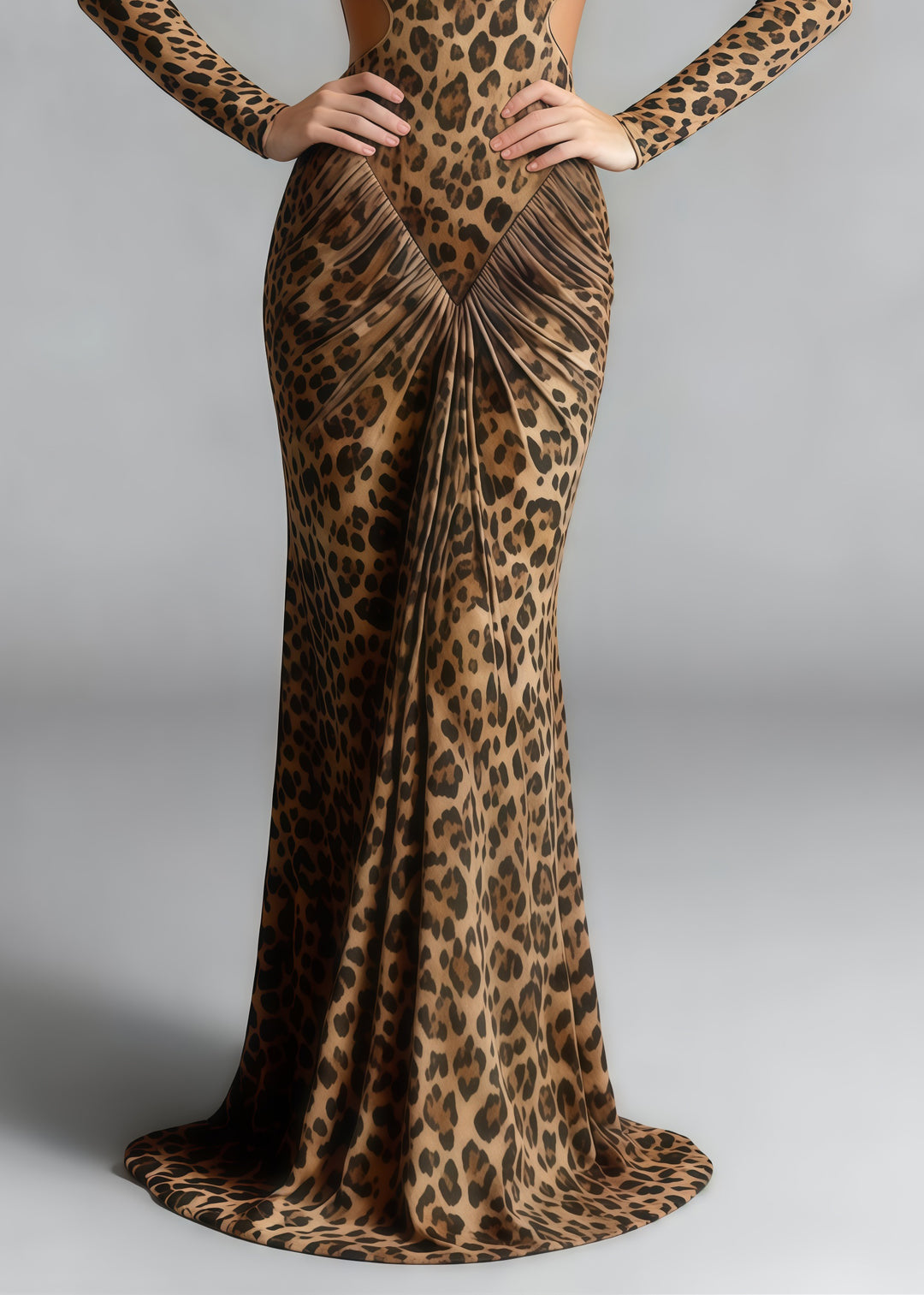 Silm Fit Leopard Print Backless Wrinkled Cotton Party Dress Spring