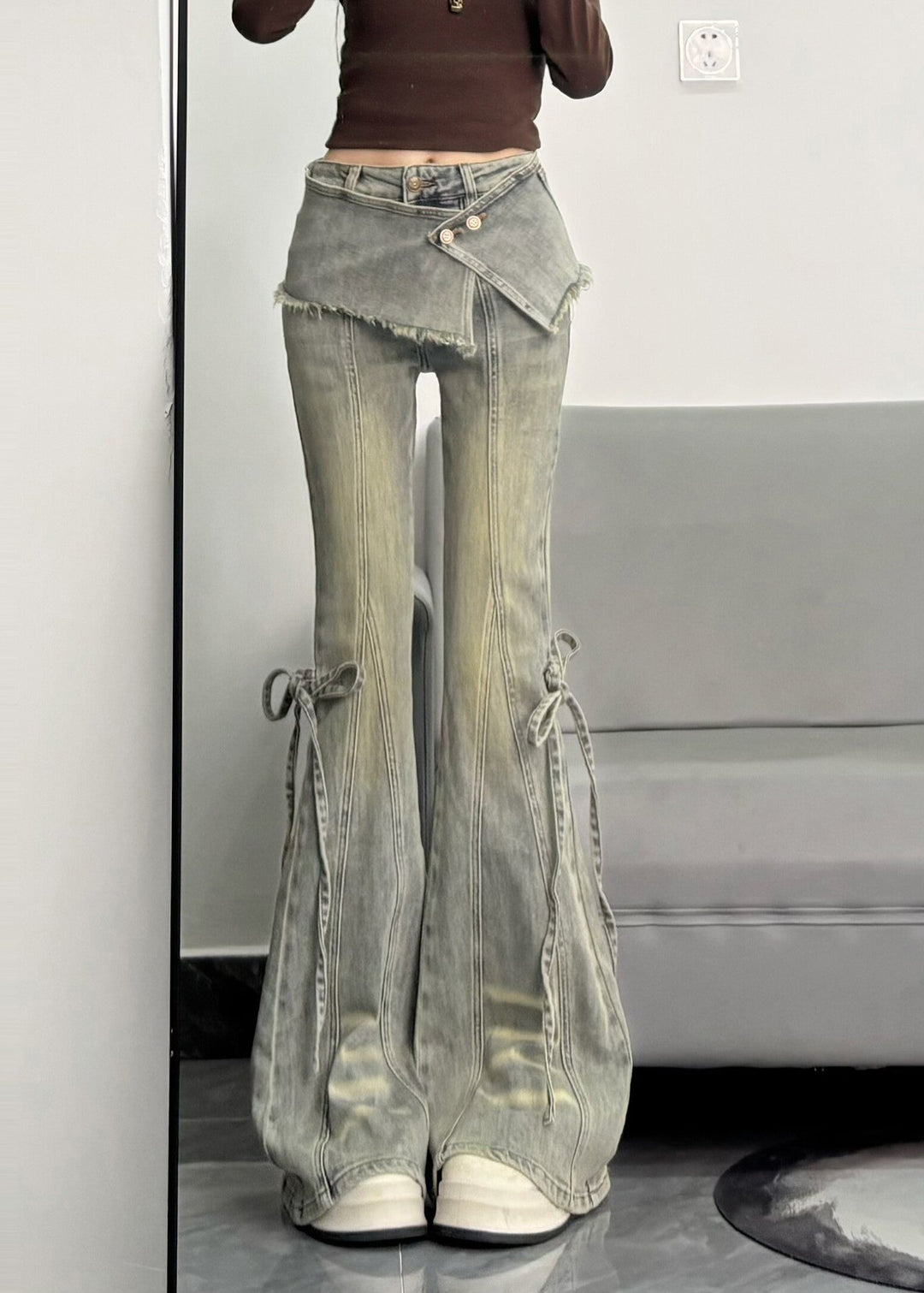 Silm Fit Light Blue Denim Flare Bottoms Pants Skirt Spring