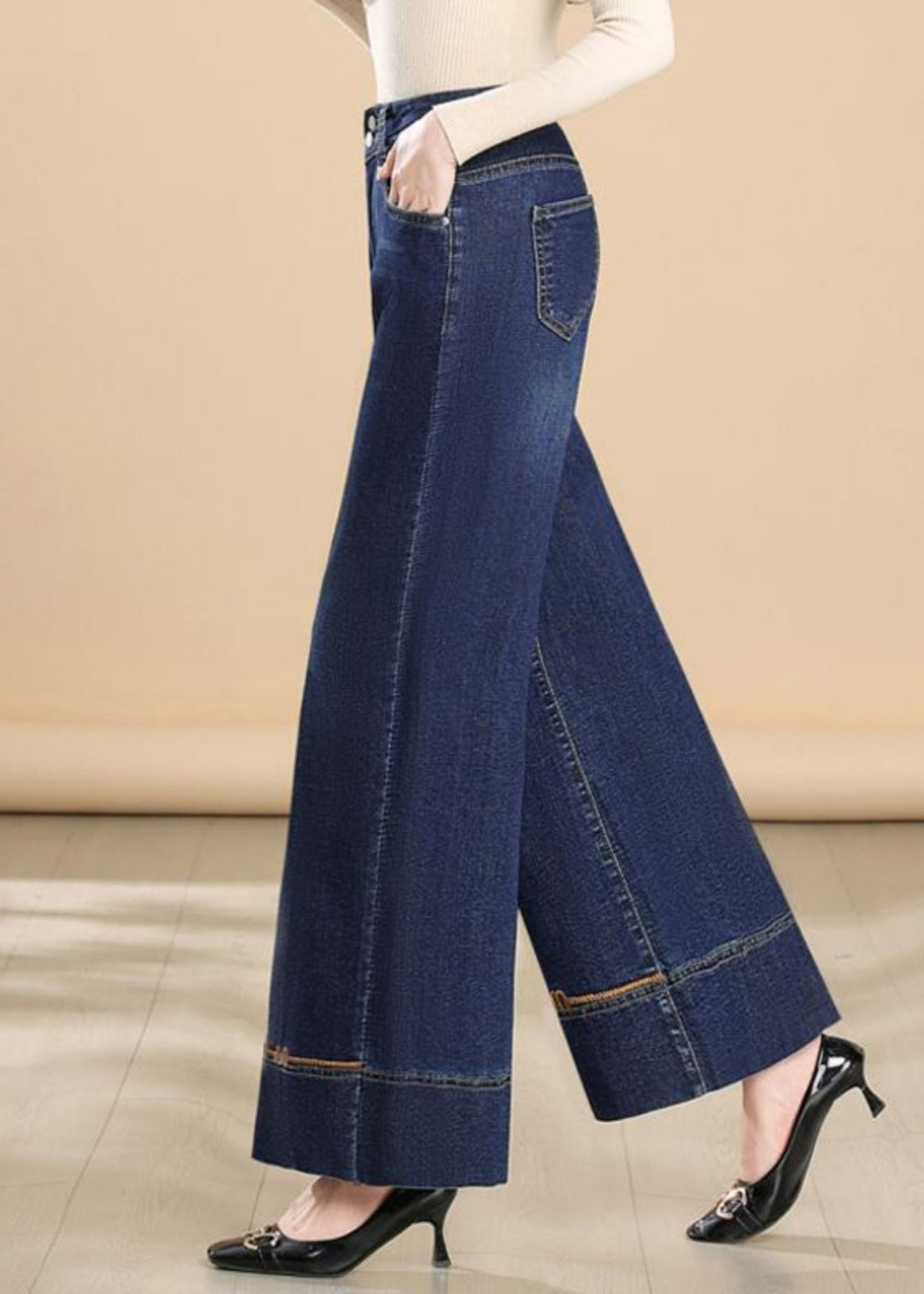 Silm Fit Navy Embroidered Denim Wide Leg Pants Summer