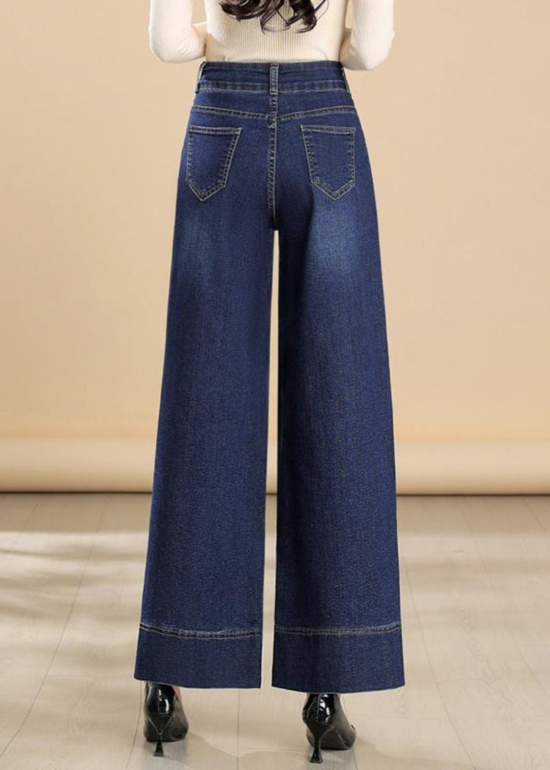 Silm Fit Navy Embroidered Denim Wide Leg Pants Summer