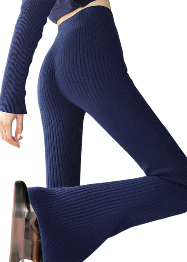 Silm Fit Navy High Elasticity Knit Bell-bottom Trousers Spring - Omychic