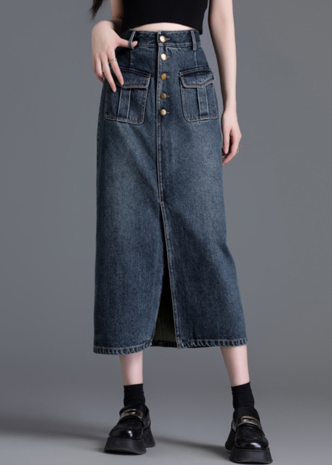 Silm Fit Navy High Waist Side Open Denim Straight Skirt Spring