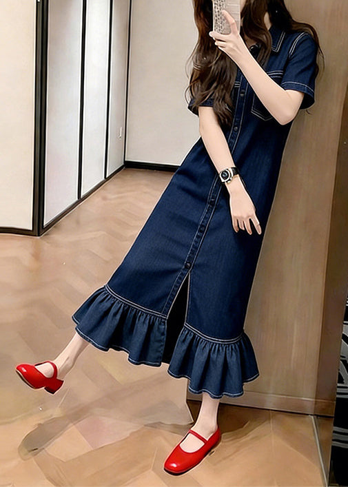 Silm Fit Navy Ruffled Patchwork Denim Maxi Dresses Summer