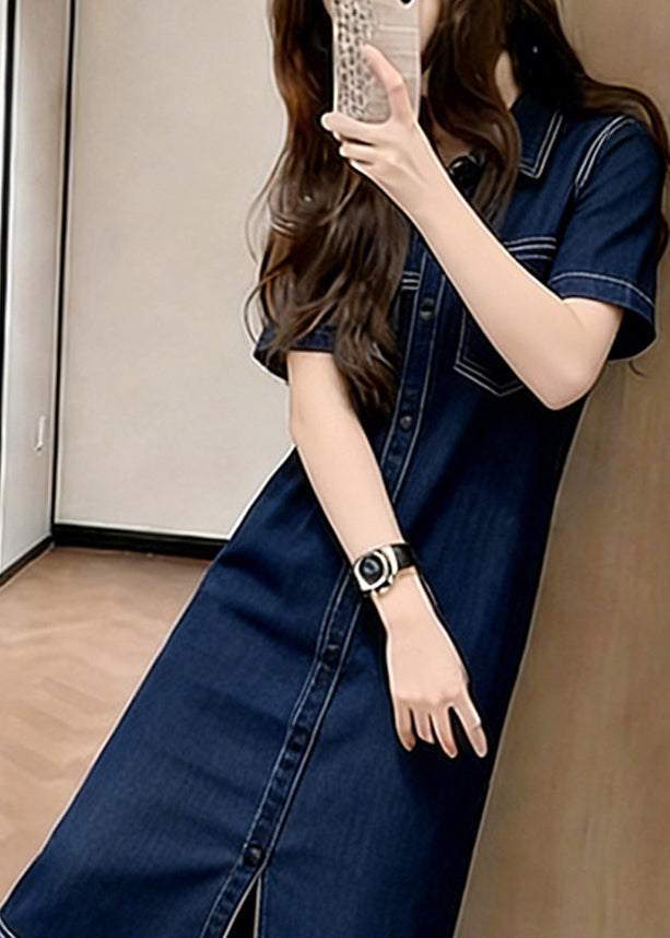 Silm Fit Navy Ruffled Patchwork Denim Maxi Dresses Summer