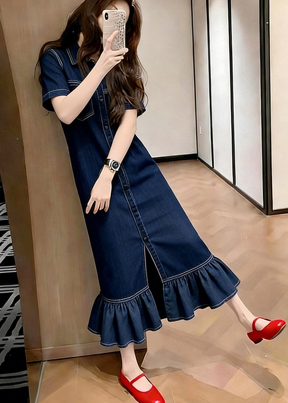Silm Fit Navy Ruffled Patchwork Denim Maxi Dresses Summer