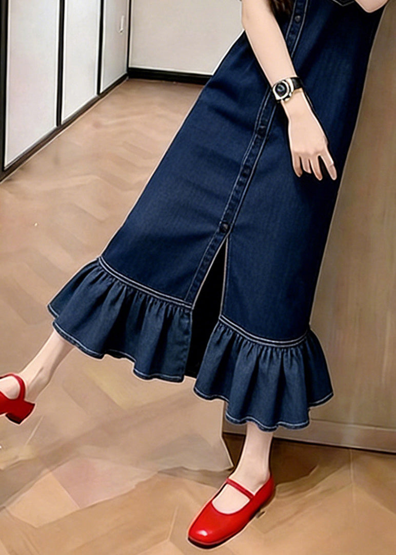 Silm Fit Navy Ruffled Patchwork Denim Maxi Dresses Summer