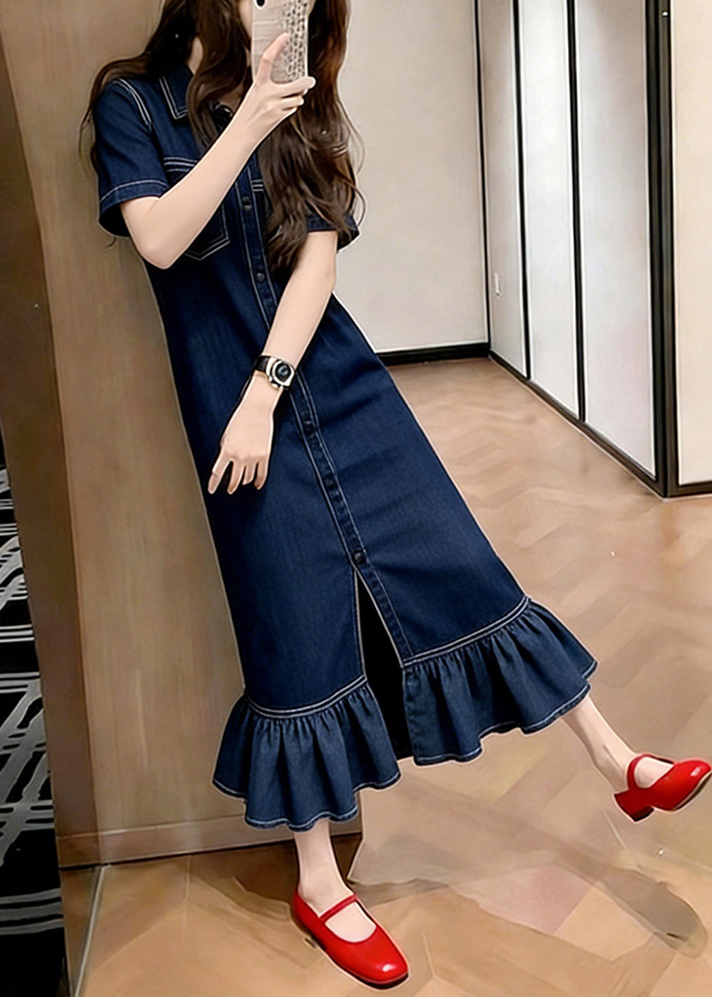 Silm Fit Navy Ruffled Patchwork Denim Maxi Dresses Summer