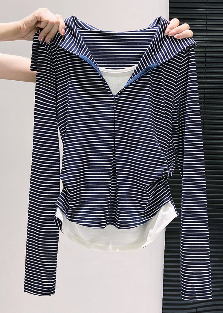 Silm Fit Navy Striped Patchwork Cotton Fake Two Piece Tops Fall