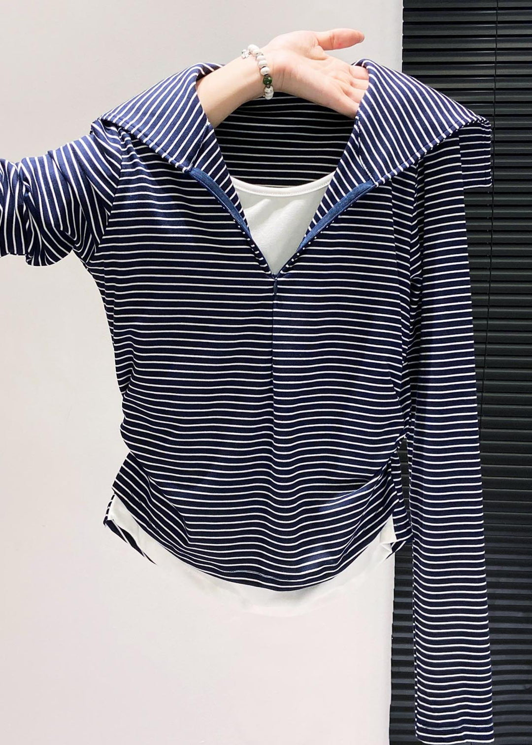 Silm Fit Navy Striped Patchwork Cotton Fake Two Piece Tops Fall