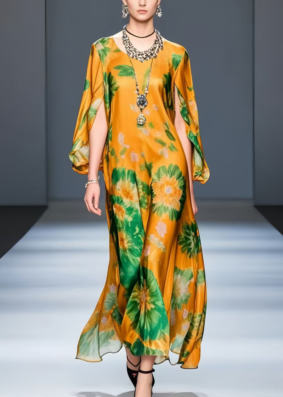 Silm Fit Orange Print Chiffon Vestidos Dress Cloak Sleeves