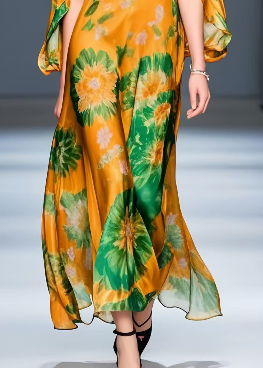 Silm Fit Orange Print Chiffon Vestidos Dress Cloak Sleeves