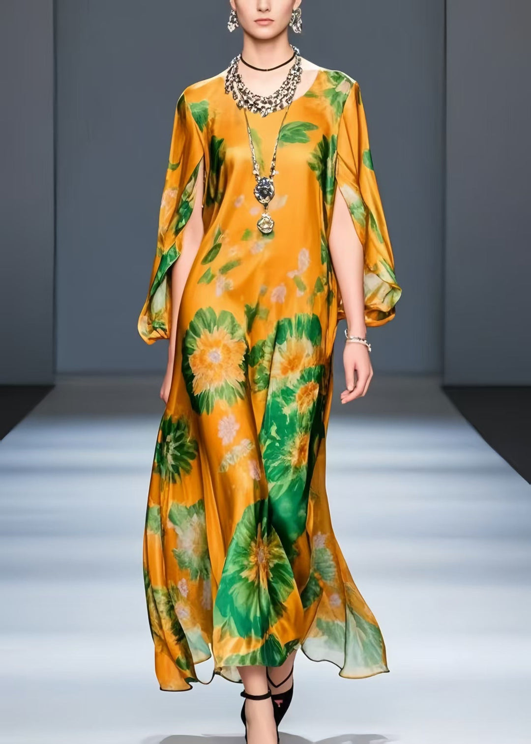 Silm Fit Orange Print Chiffon Vestidos Dress Cloak Sleeves