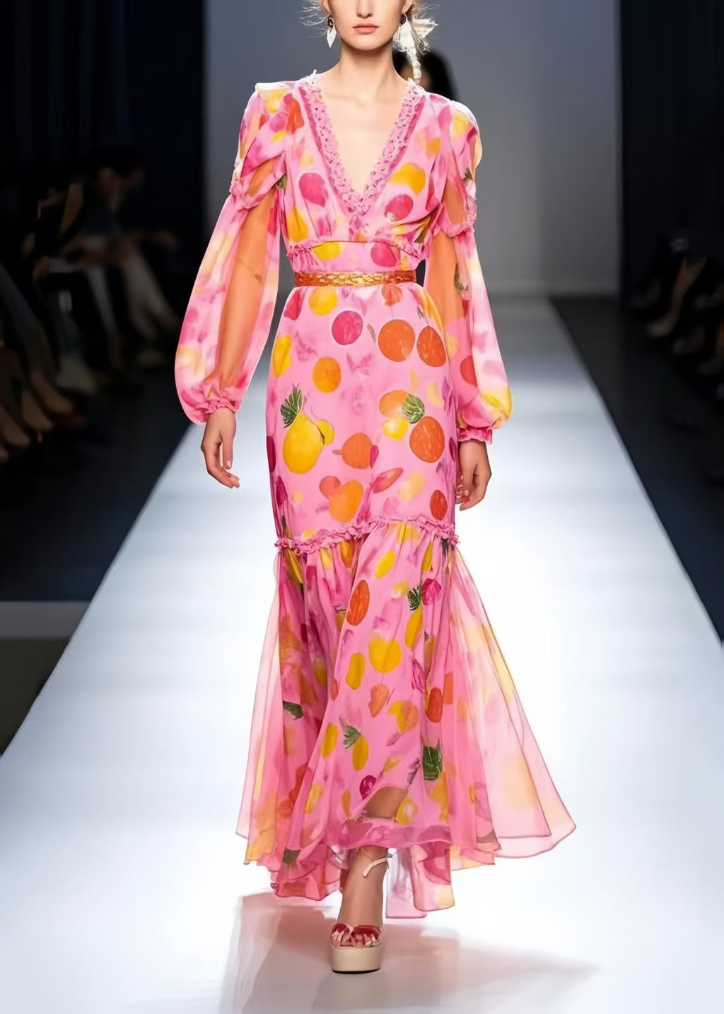 Silm Fit Pink Print Draping Chiffon Party Dresses Spring