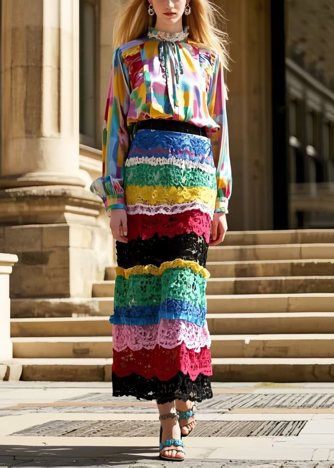 Silm Fit Polychrome Wraped Patchwork Lace Skirt Spring