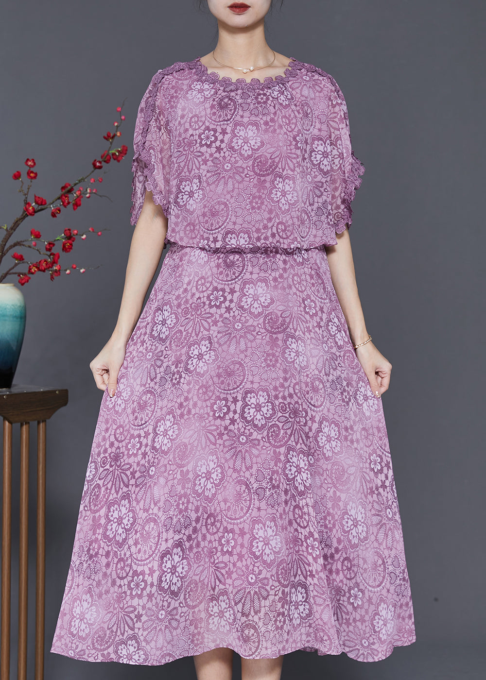 Silm Fit Purple Print Chiffon Fake Two Piece Dresses Summer