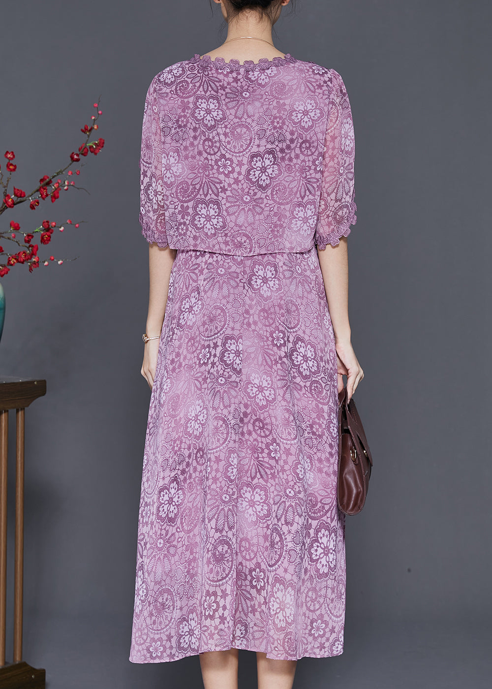 Silm Fit Purple Print Chiffon Fake Two Piece Dresses Summer