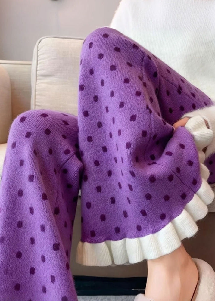 Silm Fit Purple Ruffled Patchwork Knit Flared Pants Winter