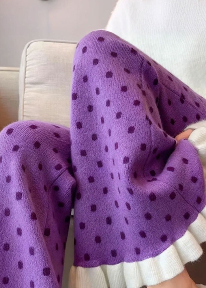 Silm Fit Purple Ruffled Patchwork Knit Flared Pants Winter