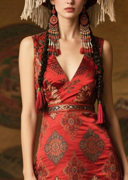 Silm Fit Red Print Side Open Silk Dress Sleeveless