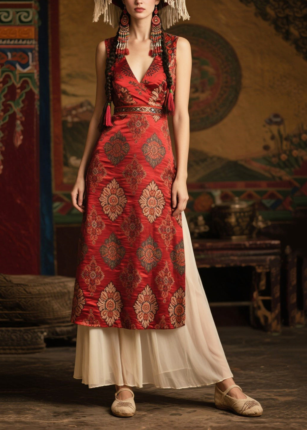 Silm Fit Red Print Side Open Silk Dress Sleeveless