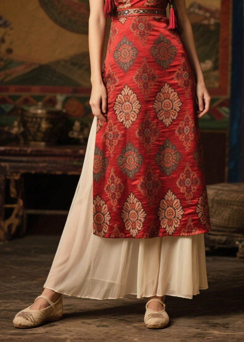Silm Fit Red Print Side Open Silk Dress Sleeveless