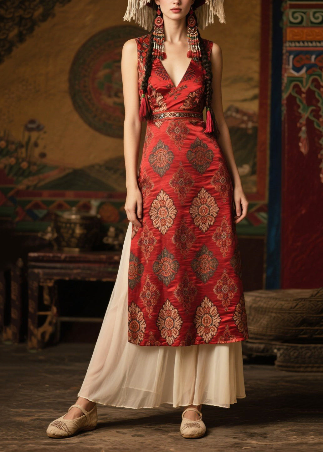 Silm Fit Red Print Side Open Silk Dress Sleeveless