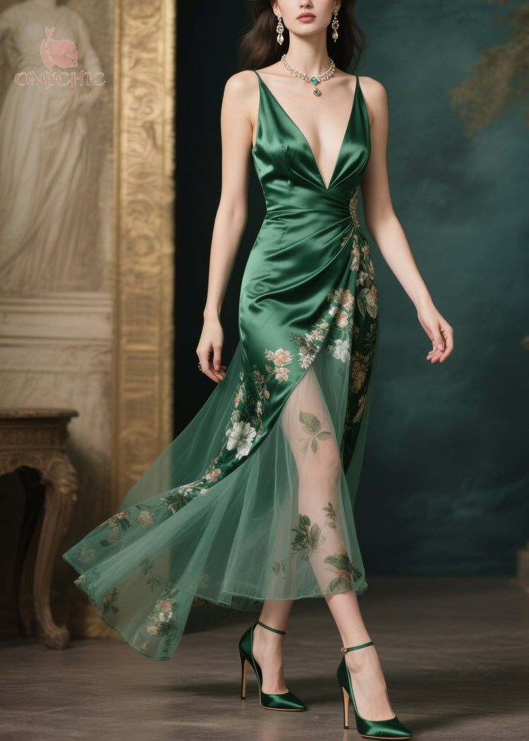 Silm Fit Tea Green Print Patchwork Tulle Party Dresses Summer - Omychic